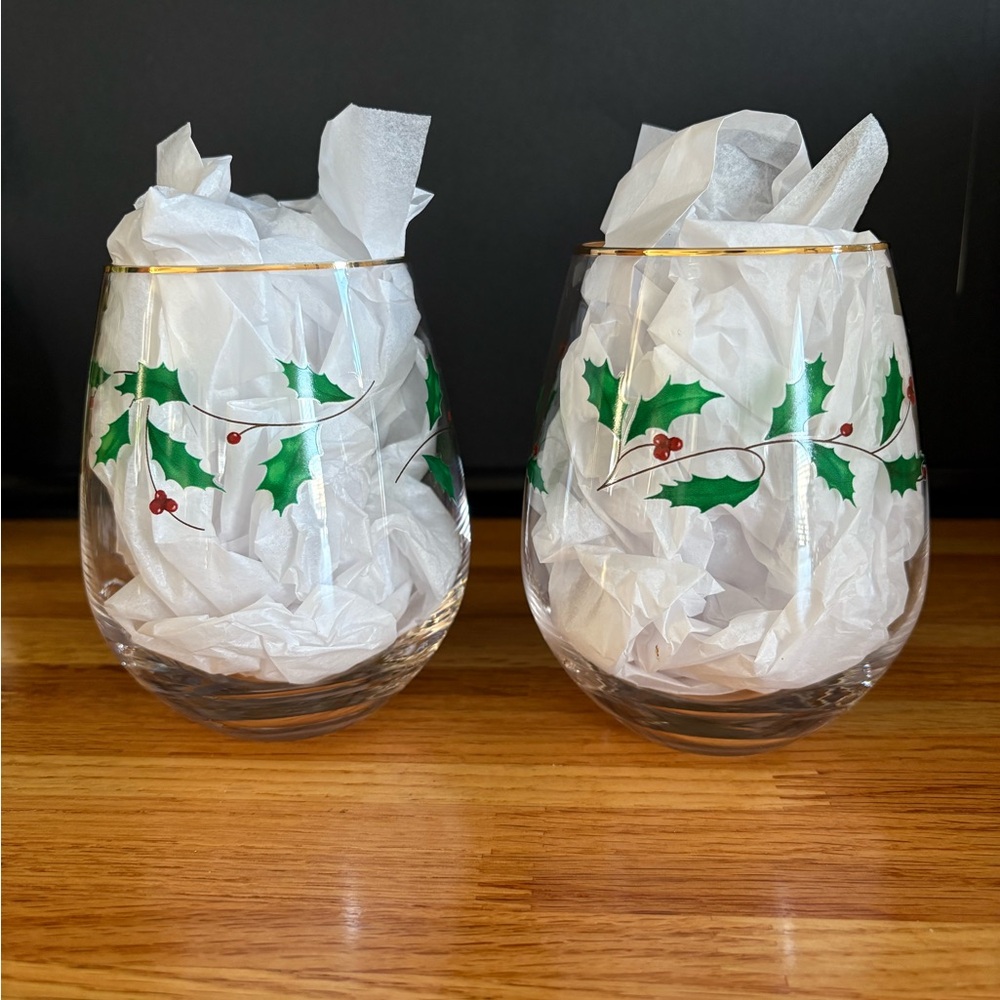 Lenox Holly and Berry Stemless Glasses with Gold Rim